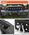 ECOTRIC stubby front bumper for Jeep Wrangler JK/JL/JT with fog light housing and D-rings; steel, powder-coated black.