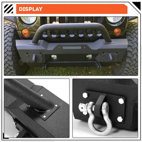 ECOTRIC stubby front bumper for Jeep Wrangler JK/JL/JT with fog light housing and D-rings; steel, powder-coated black.