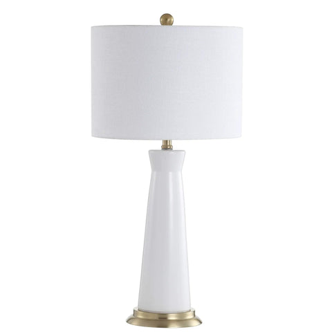 White And Brass Modern Ceramic Column Table Lamp With Gold Base, Sleek Bedside Light For Living Room Or Bedroom, White Linen Shade, LED Bulb Included, ETL Listed