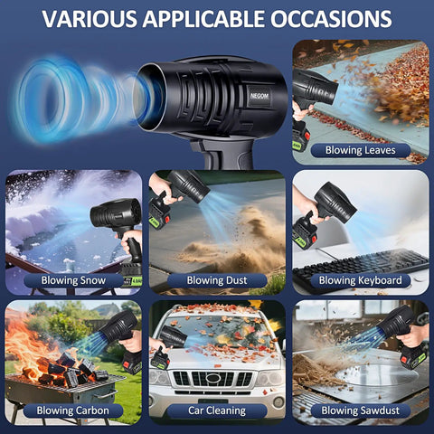 Collage showing Cordless Leaf Blower With Dual 4.0Ah Batteries And Charger Lightweight Handheld 21V Electric Blower in various uses like blowing leaves, snow, dust, and more.