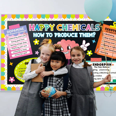 Therapy Office Bulletin Board Decoration Set For Mental Health Classrooms And Counselors, Happy Chemicals poster with kids.