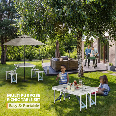 4 Ft Folding Camping Picnic Table Set With Seats And Umbrella Hole in garden setting with children seated