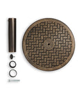 Heavy Duty 26.5 Lb Bronze Umbrella Stand For Patio Base With 15 Inch Diameter Stone Core And Resin Coating Wind Resistant Fits Poles From 1.5 To 2 Inches, parts view with round bronze base and attachments.