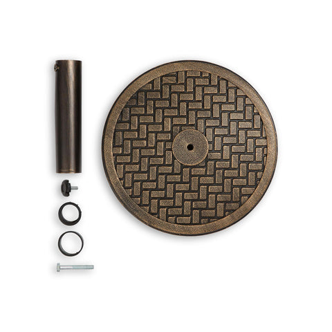 Heavy Duty 26.5 Lb Bronze Umbrella Stand For Patio Base With 15 Inch Diameter Stone Core And Resin Coating Wind Resistant Fits Poles From 1.5 To 2 Inches, parts view with round bronze base and attachments.