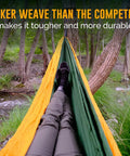 Person relaxing in Cozy Two Person Camping Hammock With Bug Net And Rain Fly Lightweight Double Parachute Nylon in forest.