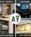 80 Pack T1 And T2 T Tap Wire Connectors 16 To 20 Gauge Solderless No Fuss Design shown in home and car applications.
