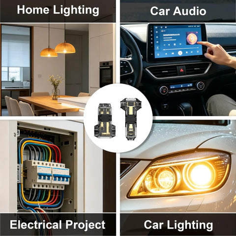 80 Pack T1 And T2 T Tap Wire Connectors 16 To 20 Gauge Solderless No Fuss Design shown in home and car applications.
