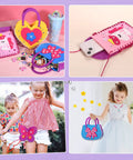 Kids Sewing Kit For Beginners 6 Easy DIY Felt Crafts For Girls Aged 4 5 6 7 8 Learn To Sew Unicorn Purse Bags Picture Frame Pen Holder And More Kid Friendly Arts And Crafts Gifts showing colorful felt purses and a happy child using them.
