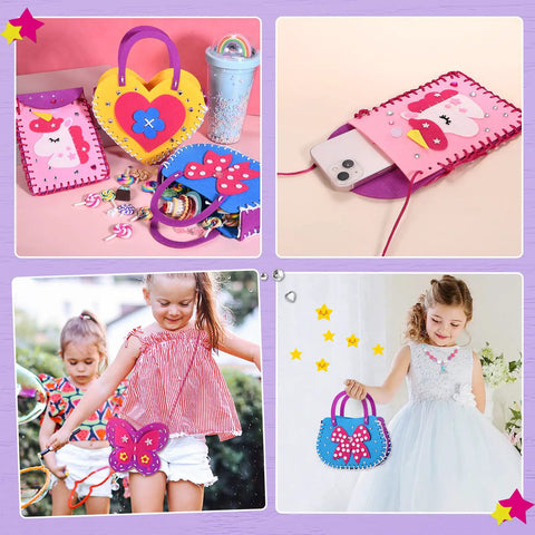 Kids Sewing Kit For Beginners 6 Easy DIY Felt Crafts For Girls Aged 4 5 6 7 8 Learn To Sew Unicorn Purse Bags Picture Frame Pen Holder And More Kid Friendly Arts And Crafts Gifts showing colorful felt purses and a happy child using them.