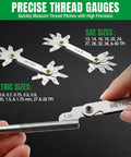 Top Notch 75 Piece Ratcheting Tap And Die Set Featuring SAE Metric Threads With Heavy Duty HSS Bits And Smooth 72 Tooth T Handle For Tight Quarters Rethreading Jobs That Rock. metric and SAE thread gauges measuring pitch on a metal bolt