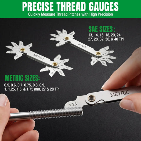 Top Notch 75 Piece Ratcheting Tap And Die Set Featuring SAE Metric Threads With Heavy Duty HSS Bits And Smooth 72 Tooth T Handle For Tight Quarters Rethreading Jobs That Rock. metric and SAE thread gauges measuring pitch on a metal bolt