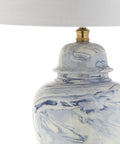Blue And White Marble Ceramic Table Lamp In Ginger Jar Style With Brass Gold Base And White Linen Drum Shade 26 Inches Tall LED Bulb Included ETL Listed For Safety Classic Yet Modern Home Accent close-up of jar and shade
