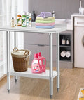 Built Tough Stainless Steel Commercial Work Table 14x30 Inches With Undershelf And 2 Inch Backsplash Heavy Duty NSF 430 Kitchen Prep Station For Restaurants And Food Service in a laundry room with basket and detergent