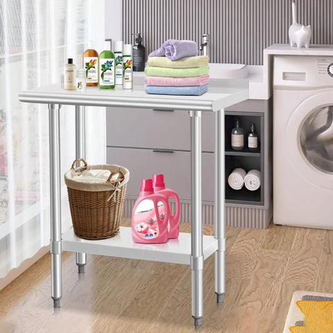 Built Tough Stainless Steel Commercial Work Table 14x30 Inches With Undershelf And 2 Inch Backsplash Heavy Duty NSF 430 Kitchen Prep Station For Restaurants And Food Service in a laundry room with basket and detergent