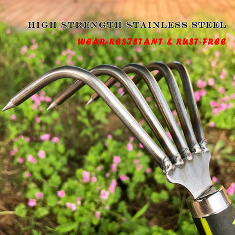 Close-up of Five Claw Landscape Garden Rake Dethatcher with stainless steel claws, green background