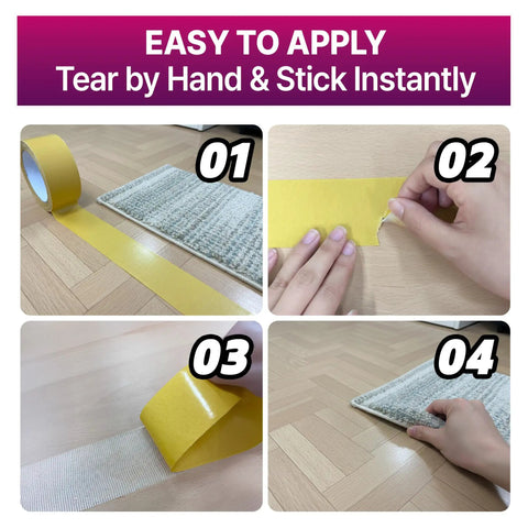 Application steps for Double Sided Stair Tread Tape 2 Inch By 20 Yard Heavy Duty Non Slip Rug Gripper for carpet and runners on wood floor.