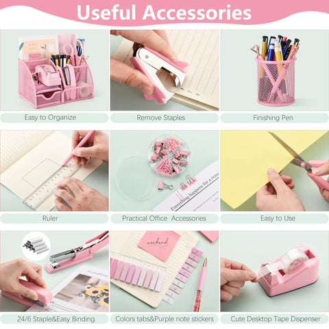 Must Have 11 Pcs Pink Office Supplies Set With Desk Organizer, Pencil Holder, Stapler, Tape Dispenser in use.