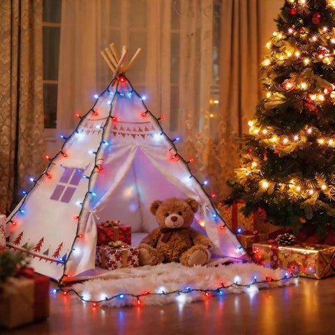Red White Blue LED String Lights With Clear Bulbs On Green Wire UL Listed Connectable Patriotic Decor for teepee setup