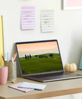 Lined Sticky Notes 4x6 Inch, 6 Pads With 45 Sheets Each on an office desk with a laptop and stationery, hung on wall.