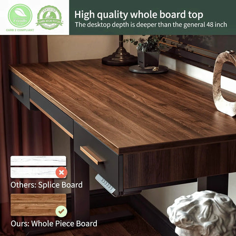 Slick Electric Sit Stand Desk With 3 Integrated Drawers showcases a mid-century black walnut top and steel frame, ideal for home offices.