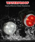 USB Rechargeable Bike Light Set With Front And Rear LED Lights For Mountain Biking Waterproof Silicone Body showing water resistance