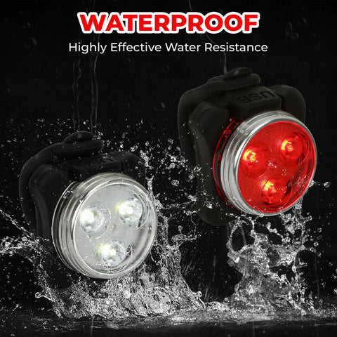 USB Rechargeable Bike Light Set With Front And Rear LED Lights For Mountain Biking Waterproof Silicone Body showing water resistance