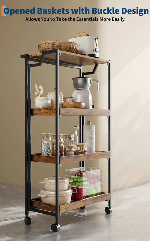 Large 4-Tier Collapsible Wooden Storage Shelf with Heavy Duty 100 Lb Capacity and Locking Wheels Space Saving Organizer