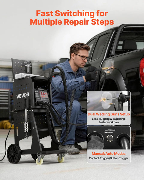Mechanic using Beefed Up Stud Welder Dent Puller Kit With Welding Cart, 3KW Spot Welder, Twin Guns, 7 Modes, 110V for car repair