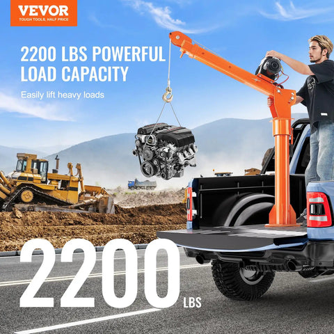 Electric Pickup Truck Crane With 6000 Lb Winch 12V Bed Mounted Folding Jib Hoist Steel Construction 360 Degree Swivel