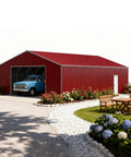 Heavy Duty Steel Garage 46 By 25 Feet With 15 Foot Walls And Reinforced Roof Tough As Nails Metal Outbuilding For Trucks Equipment Farm Storage 1150 Square Feet Reddish Brown with blue truck.