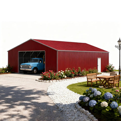 Heavy Duty Steel Garage 46 By 25 Feet With 15 Foot Walls And Reinforced Roof Tough As Nails Metal Outbuilding For Trucks Equipment Farm Storage 1150 Square Feet Reddish Brown with blue truck.