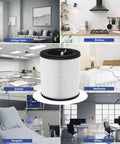 2 Packs D10 Replacement Filters For Tailulu D10 Air Purifier 3 In 1 Premium Activated Carbon Filter Traps Dust Smoke Pet Dander Includes 6 Aroma Pads shown in living room, kitchen, school, bedroom, hospital, office settings.