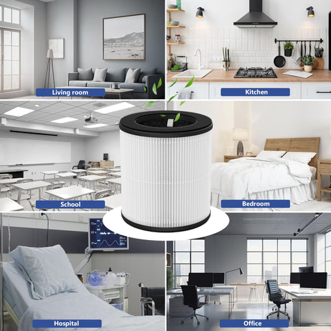 2 Packs D10 Replacement Filters For Tailulu D10 Air Purifier 3 In 1 Premium Activated Carbon Filter Traps Dust Smoke Pet Dander Includes 6 Aroma Pads shown in living room, kitchen, school, bedroom, hospital, office settings.