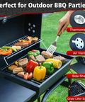 Grilling vegetables and meat on barrel charcoal grill with side table, featuring thermometer and air vents for BBQ parties.