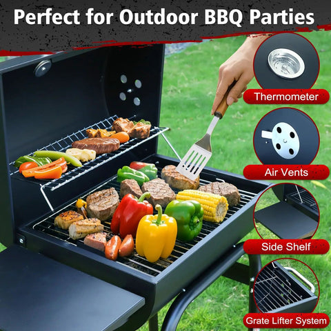 Grilling vegetables and meat on barrel charcoal grill with side table, featuring thermometer and air vents for BBQ parties.