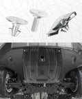 Built Tough Engine Splash Shield Skid Plate Screws And Lower Cover Pin Bolts With Heavy Duty Auto Clips displayed with underbody protection.