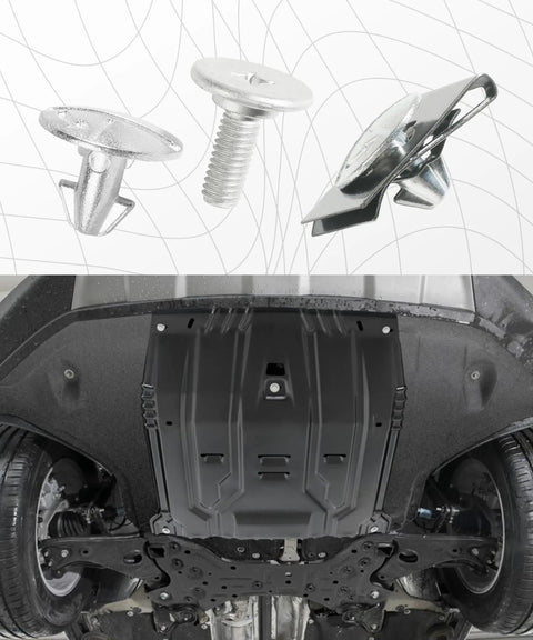 Built Tough Engine Splash Shield Skid Plate Screws And Lower Cover Pin Bolts With Heavy Duty Auto Clips displayed with underbody protection.
