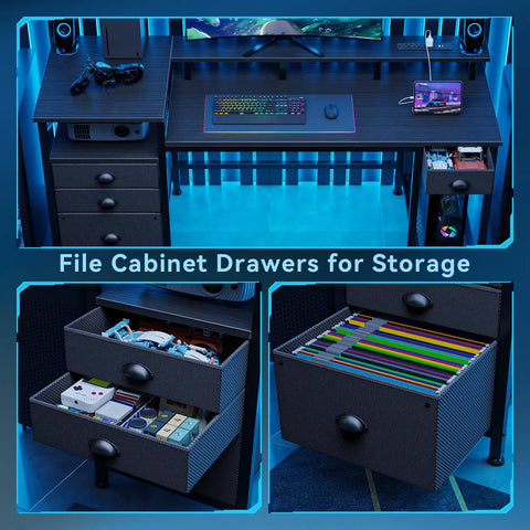 60 Inch Black Computer Desk With 4 Drawers And Printer Space, LED Lights, USB Power Outlets, Fabric File Cabinet