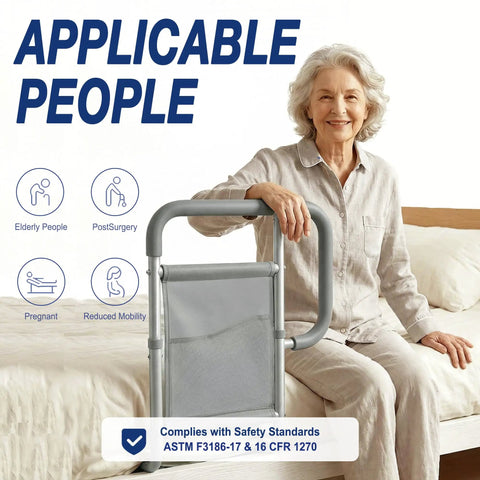 Elderly woman using Go-To Senior Bed Rail System With Non Slip Ergonomic Handle And Storage Pocket, ASTM F3186-17 Certified