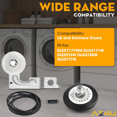 Dryer Repair Kit Replacement Drum Roller Belt And Idler Pulley Set 4581EL2002C Fits DLEX7177WM DLG3171W shown with laundry