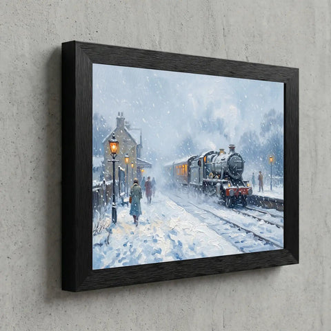 Impressionist Vintage Steam Train Canvas Print With Black Frame For Cozy Living Room Vibe And Office Wall Decor Snowy Winter Scene With Mist And Glowing Amber Light 16x20 Inch Poster Locomotive Art