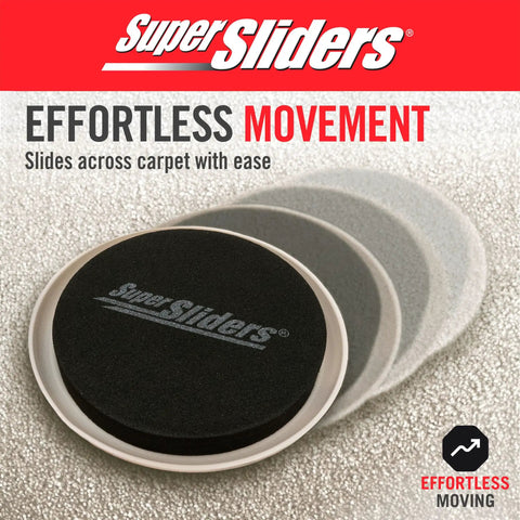 Heavy Duty Furniture Sliders For Carpet, Reusable Moving Pads Help You Slide Heavy Couches Across Rugs Without Breaking A Sweat, Non Adhesive Glides For Beds And Recliners, Beige 8 Piece Kit Moves Furniture Like A Champ, close-up of black slider pads.