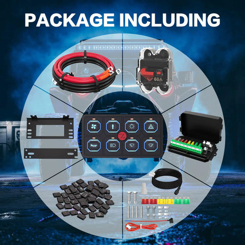 Package contents of 8 Gang RGB LED Touch Switch Panel For 12 24V Vehicles Waterproof Dimmable With Memory