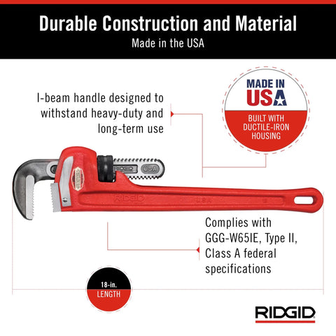 Heavy-Duty 18-Inch Straight Pipe Wrench For Plumbing Jobs With I-Beam Handle, Self-Cleaning Threads, USA Made