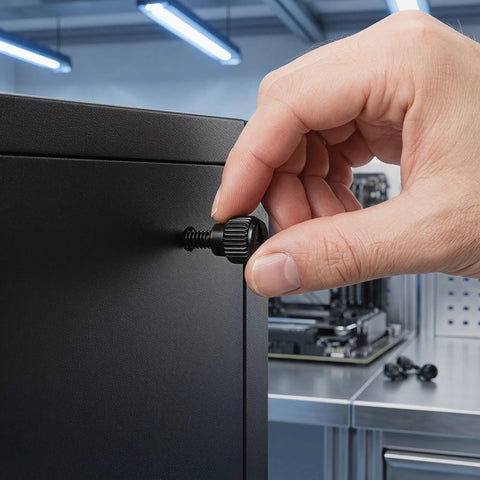 Heavy Duty Black M3.5 6-32 Computer Thumb Screws 100 Pcs Carbon Steel Case Fasteners Perfect For Side Panel Assembly And PC Build Projects That Need Solid Reliable Grip Every Single Time. Black M3.5 thumb screw installed on PC side panel
