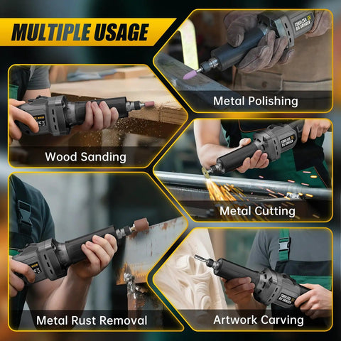 Cordless Die Grinder For 20V Max Battery Tool Only No Battery Included With One Quarter Inch Carbide Tungsten Bit Up To 26000 RPM shown in use for wood sanding, metal polishing, cutting, and carving.
