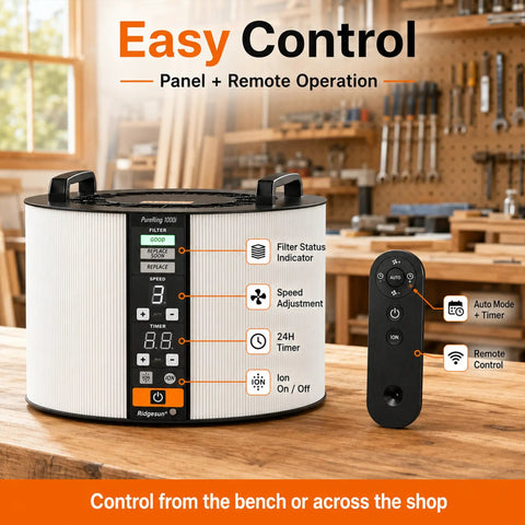 Rock Solid 1040 CFM Shop Air Filtration System With Ring Intake And BLDC Motor, featuring control panel and remote.