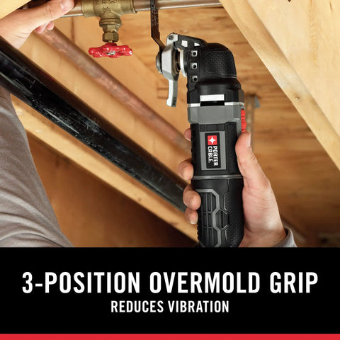 Hand using 3 Amp Oscillating Multi Tool Kit With 52 Pieces, Variable Speed, Tool Free Blade Change, 3 Position Overmold Handle