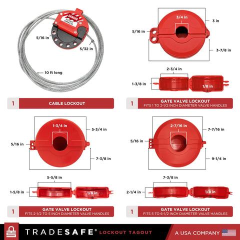 Valve Lockout Tagout Kit For 55 LOTO Devices Including Ball, Butterfly, And Gate Valves, Locks, Cables, Hasps, And Tags, OSHA Compliant
