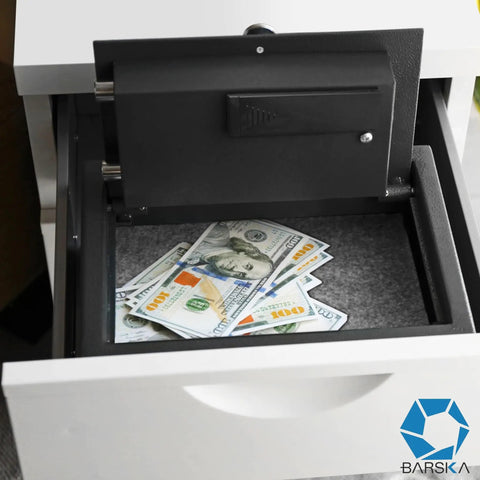 Top Opening Keypad Safe With Silent Mode For Home Or Office Compact Digital Security Box In Solid Steel With Anti Pry Hinges Drawer Safe For Jewelry And Valuables In Wall Mount Hidden Safe inside drawer with cash visible